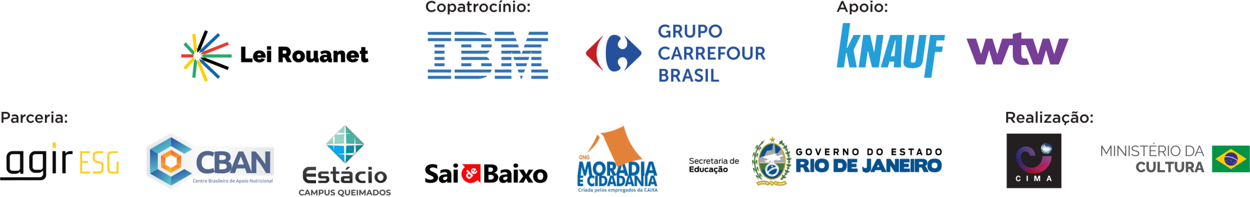 Copatrocínio, apoio, parceria e realização: Lei Rouanet, IBM, Grupo Carrefour Brasil, Knauf, WTW, Agir ESG, CBAN, Estácio, Sai de Baixo, Moradia e Cidadania, Governo do Estado do Rio de Janeiro, CIMA e Ministério da Cultura
